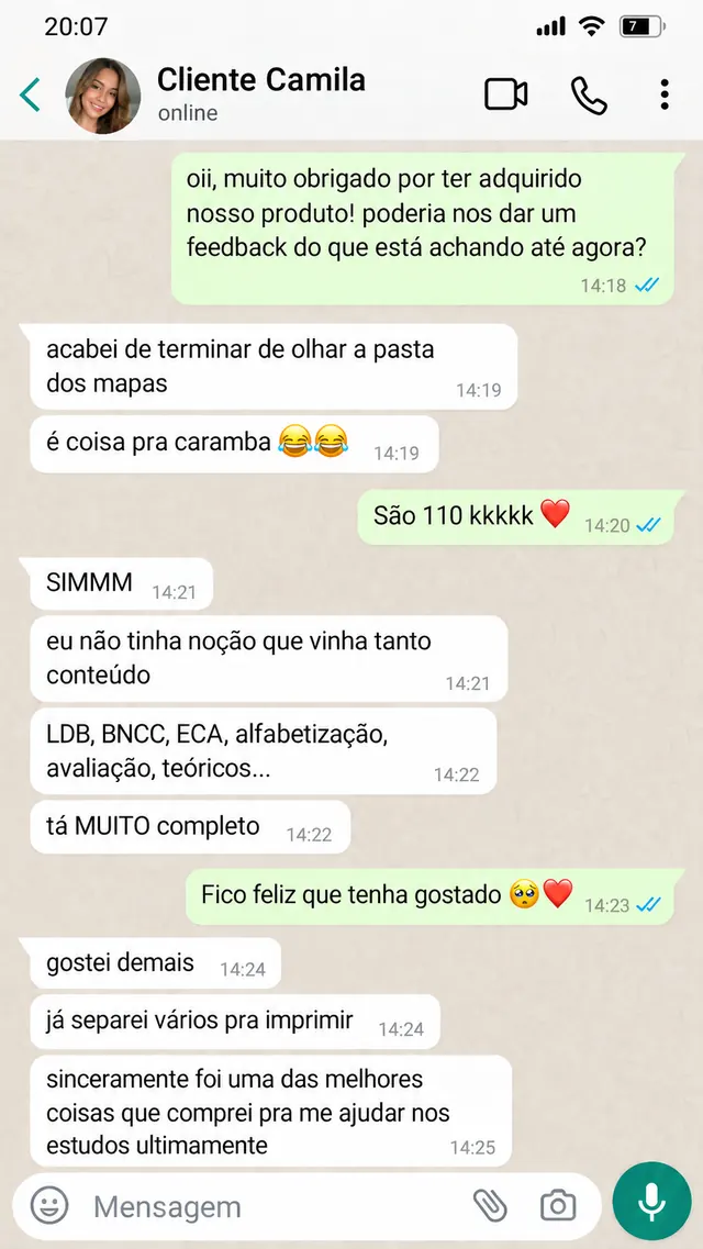 Print do WhatsApp com o feedback de Camila