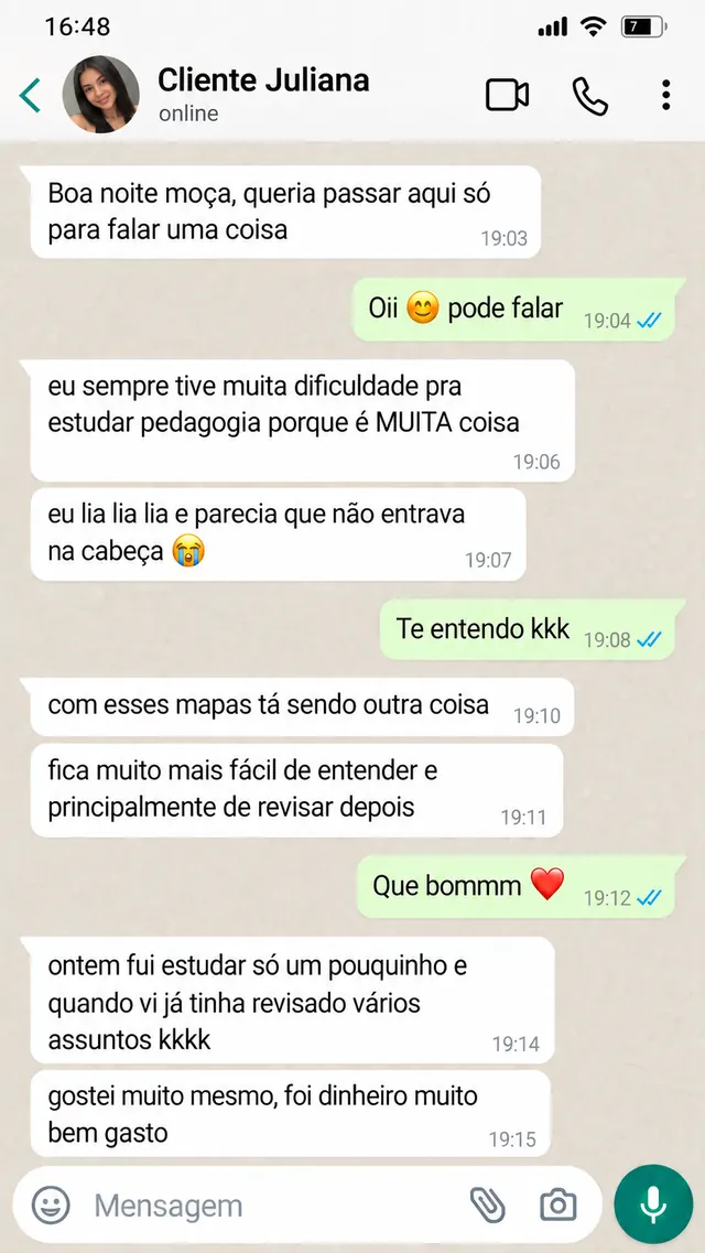 Print do WhatsApp com o feedback de Juliana